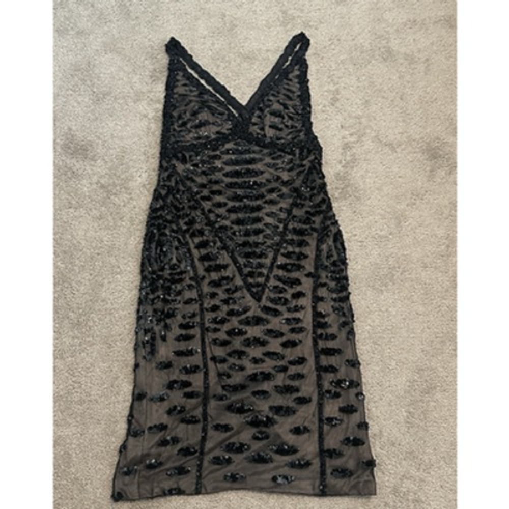 MANDALAY‎ 12 Dress Cocktail 100% Silk V-Neck Embellished Sequin BLACK NWT VTG
